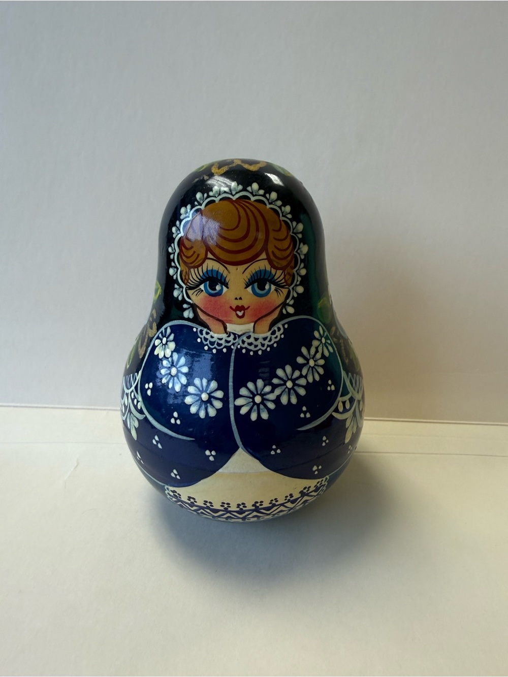 Vintage Russian Wood Wobbling Matryoshka Hand Painted Rolly Polly Doll w/ Jingle